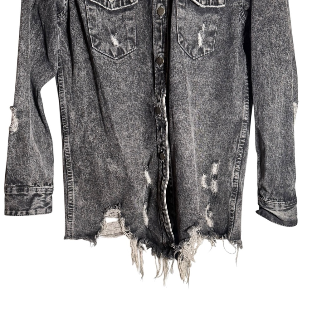 American Bazi Distressed Denim Jacket Oversized Black Jean Button Size Medium - Picture 5 of 6